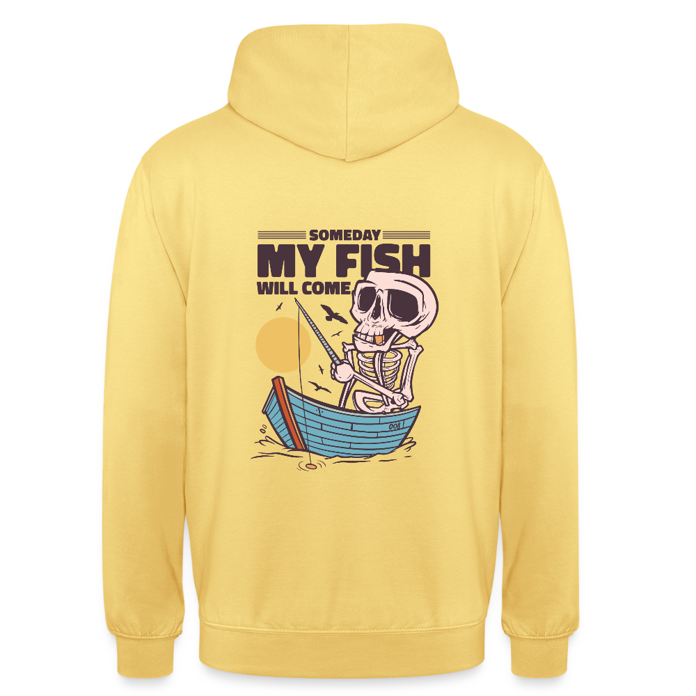 🎣 Sweat à Capuche “Someday My Fish Will Come” – Humour & Pêche | UNiKtee REF00053 - jaune citron