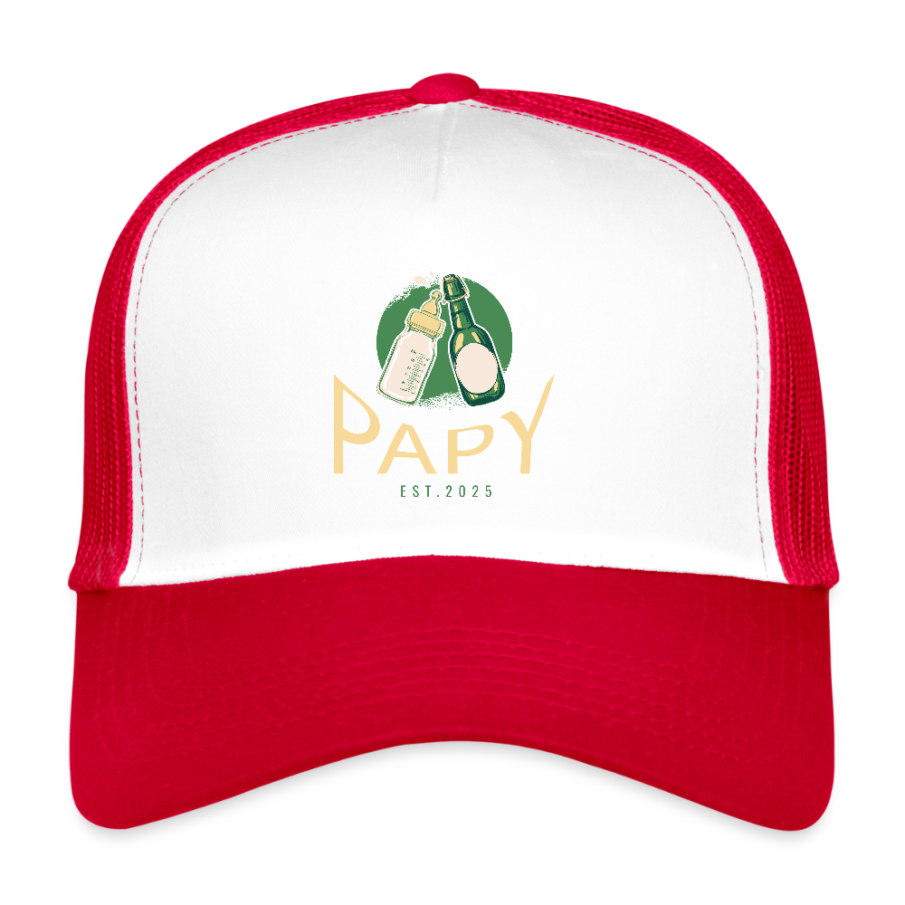 Casquette Trucker “Papy Est.2025” – Cadeau Original pour Futur Grand-Père | REF00059 - blanc/rouge
