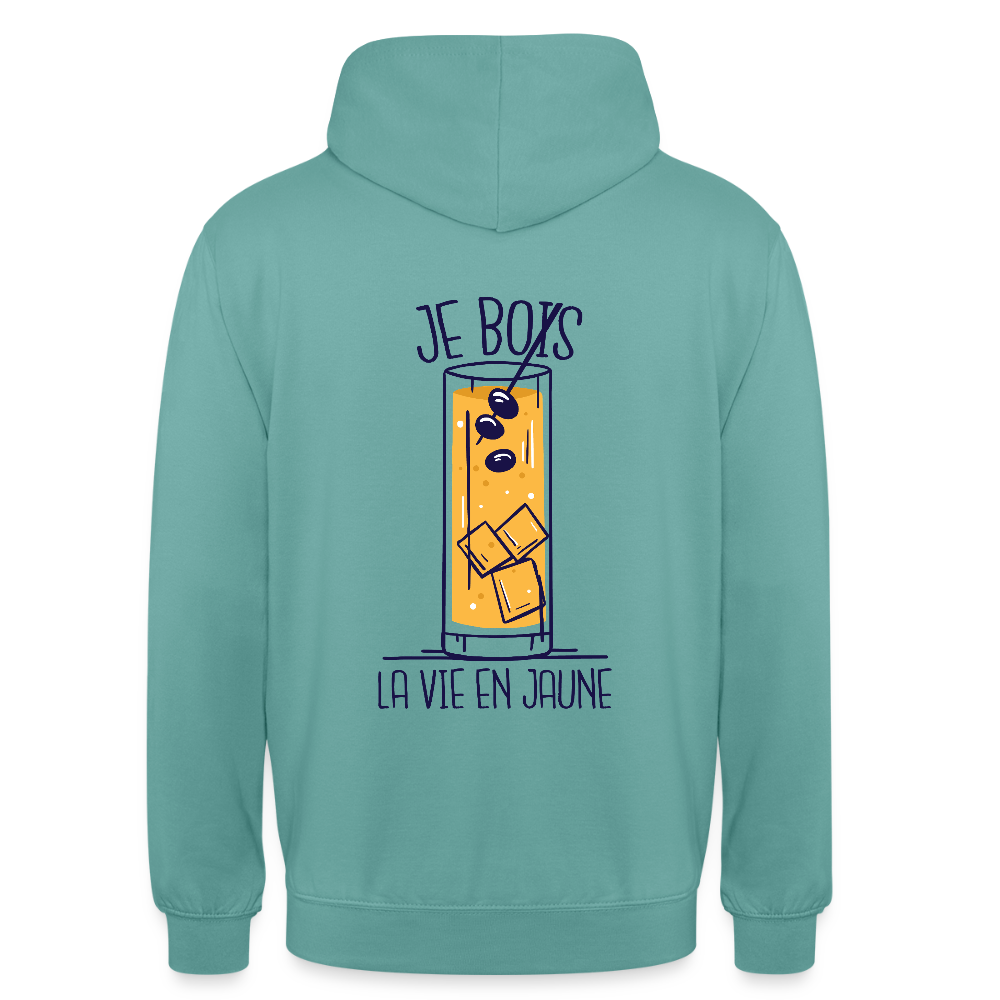 weat à Capuche “Je Bois la Vie en Jaune” – Style, Humour & Bonne Humeur | UNiKtee - REF00027 - turquoise pastel