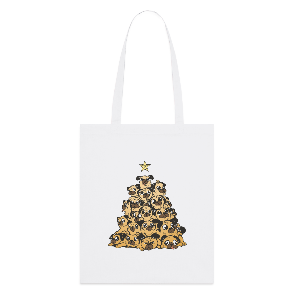 Tote Bag “Christmas Pug Tree” – Arbre de Carlins de Noël | UNiKtee REF00055 - blanc