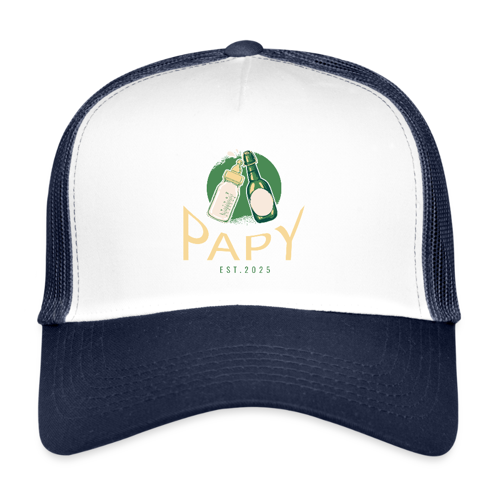 Casquette Trucker “Papy Est.2025” – Cadeau Original pour Futur Grand-Père | REF00059 - blanc/marine