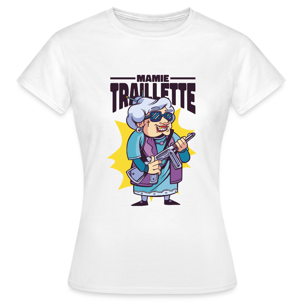 💜 T-shirt Femme “Mamie Trailette” – Humour & Style Vintage | UNiKtee REF00047 - blanc