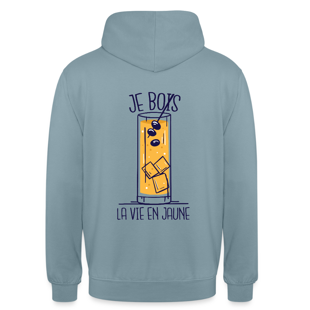 weat à Capuche “Je Bois la Vie en Jaune” – Style, Humour & Bonne Humeur | UNiKtee - REF00027 - bleu fumée