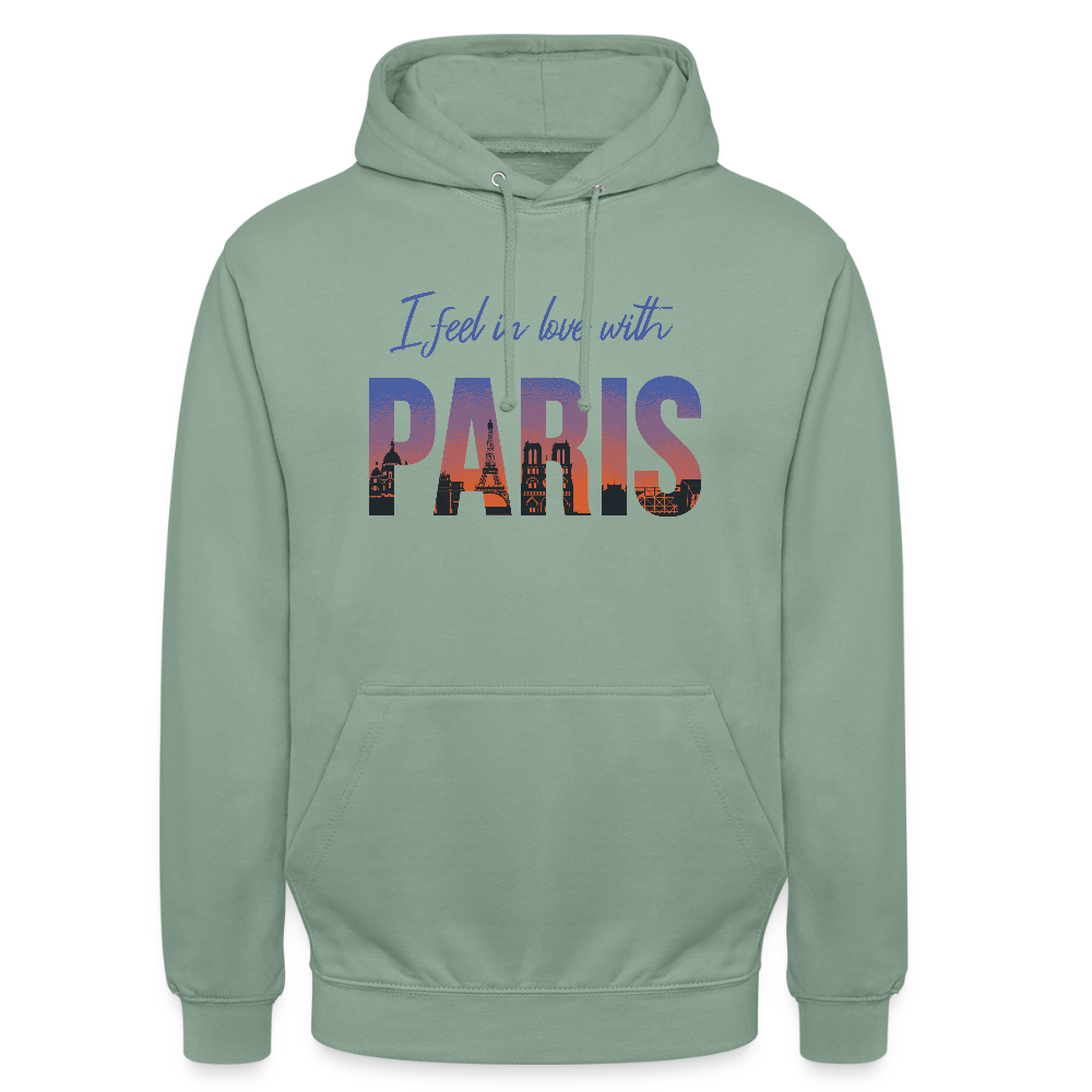 Sweat à Capuche Unisexe “I Feel in Love with PARIS” – Style Urbain & Romantique | REF00068 - vert-de-gris