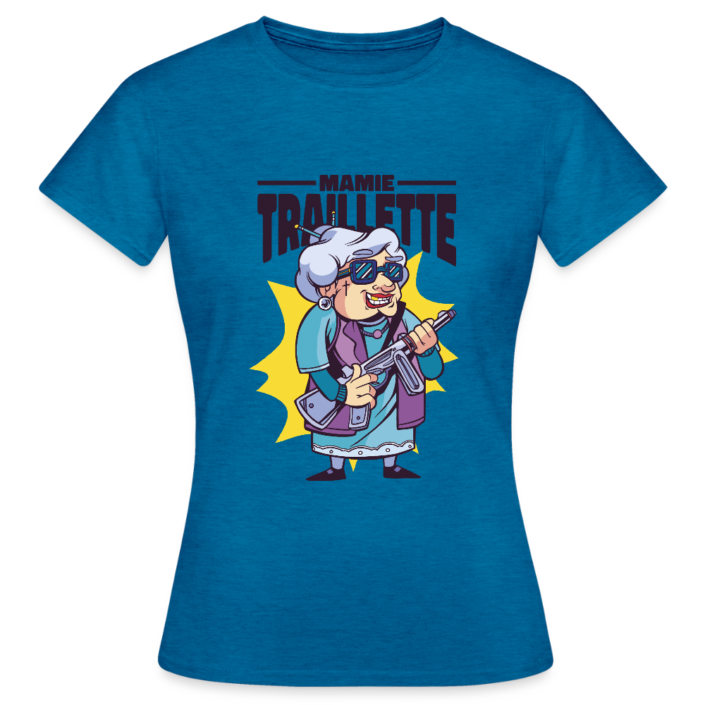 💜 T-shirt Femme “Mamie Trailette” – Humour & Style Vintage | UNiKtee REF00047 - bleu saphir antique chiné