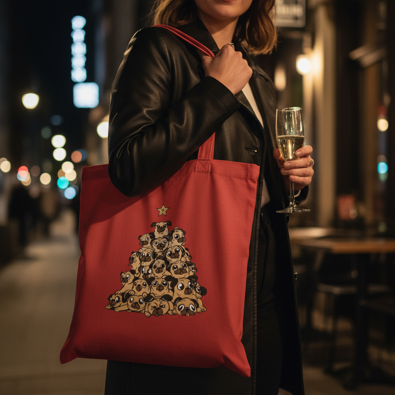 Tote Bag “Christmas Pug Tree” – Arbre de Carlins de Noël | UNiKtee REF00055