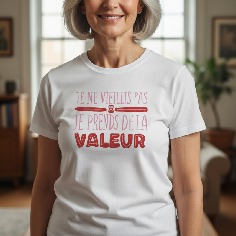 💋 T-shirt Femme “Je ne vieillis pas, je prends de la valeur” – Confiance & Humour Chic - REF00024