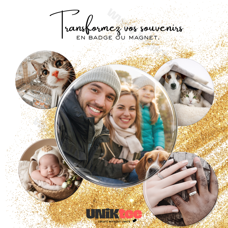 Badge épingle ou magnet personnalisé 5,8 cm – Photo, texte, logo ou image