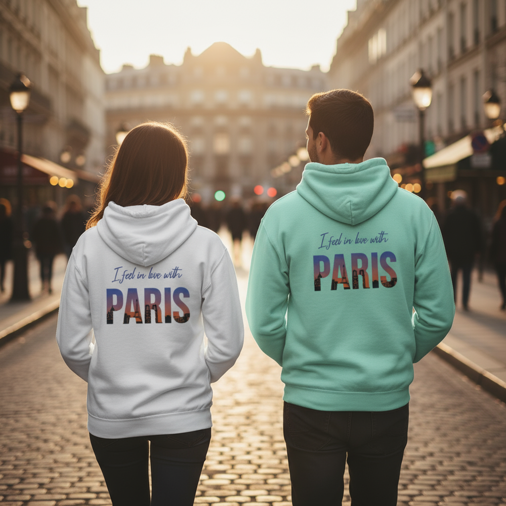 Sweat à Capuche Unisexe “I Feel in Love with PARIS” – Style Urbain & Romantique | REF00068