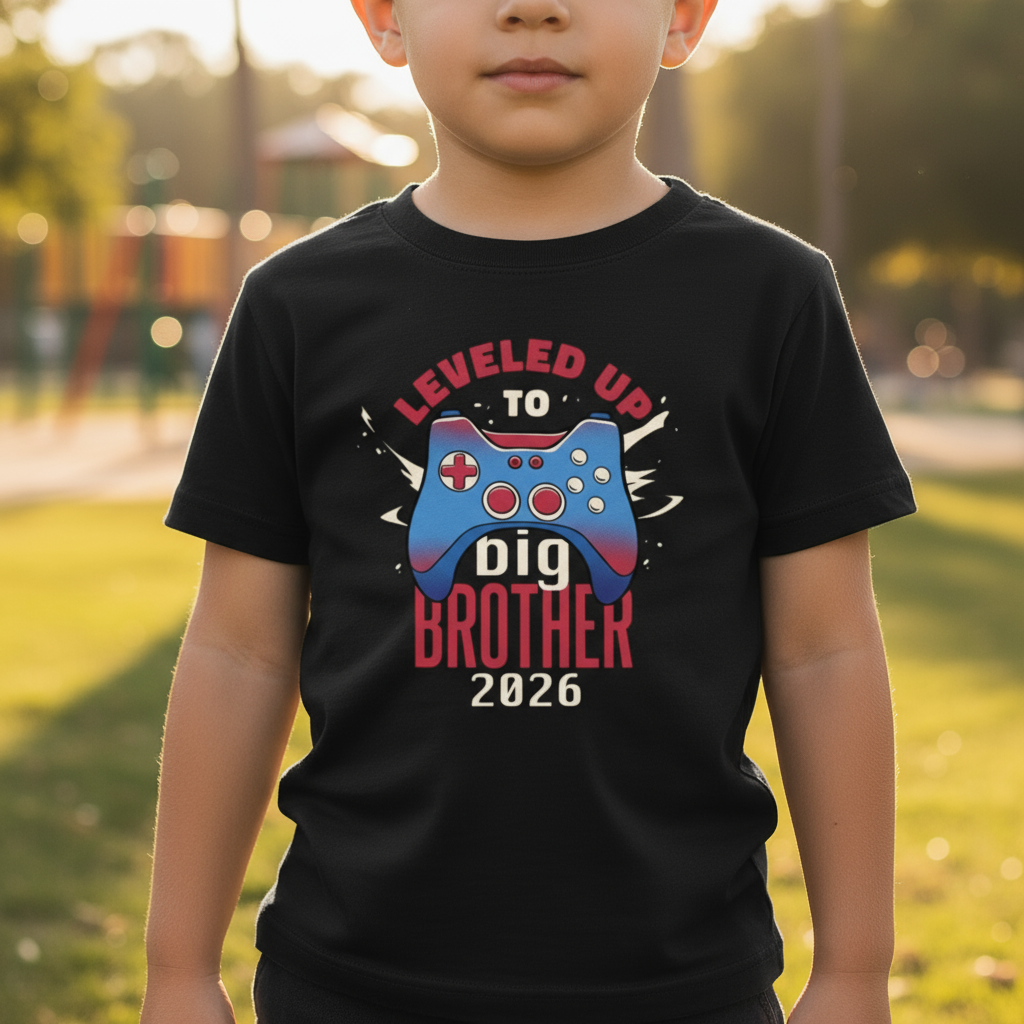 🎮 T-shirt Enfant “Leveled Up to Big Brother 2026” – Annonce Grand Frère | UNiKtee REF00051