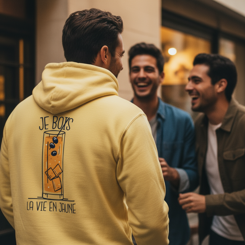 weat à Capuche “Je Bois la Vie en Jaune” – Style, Humour & Bonne Humeur | UNiKtee - REF00027